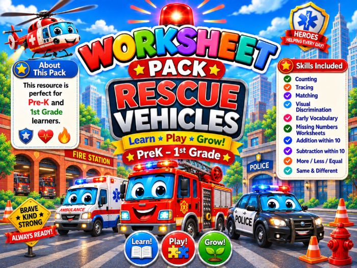 Rescue Vehicles Worksheets Pre-K to 1st Grade | Counting, Tracing & Math Activities