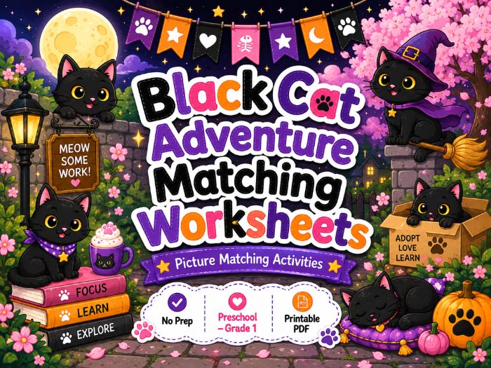 Black Cat Adventure Matching Worksheets | Picture, Letters, Numbers & Shapes | Preschool–Grade 1