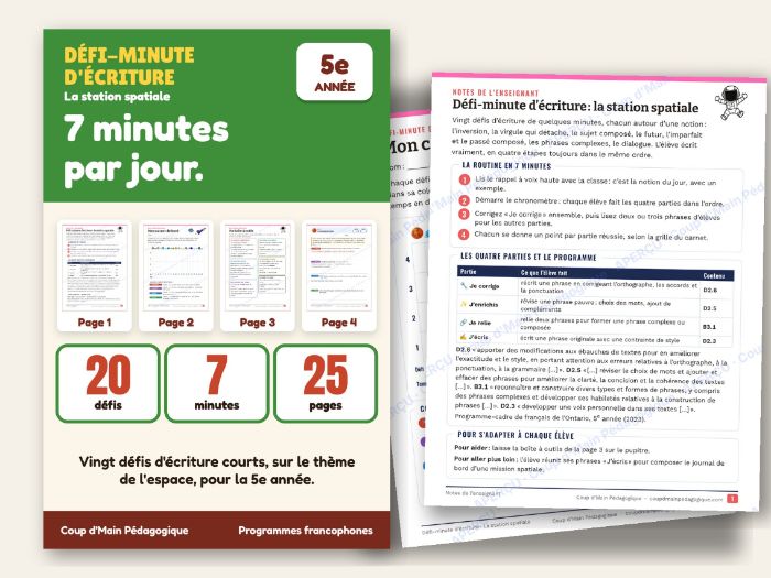 French Sentence Writing Warm-Ups Grade 5 Space | Défi-minute d'écriture
