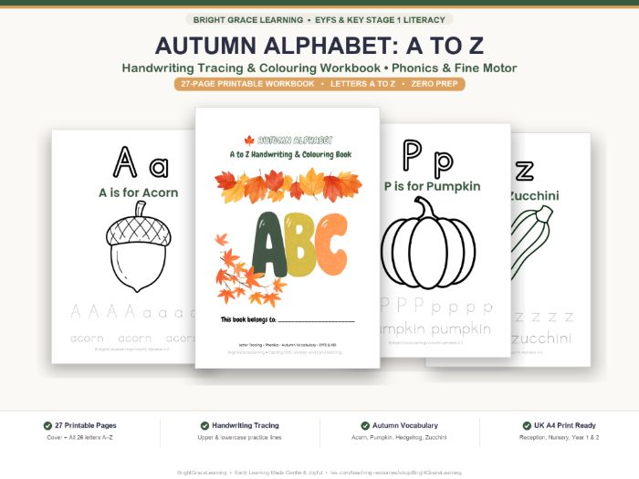Autumn Alphabet A to Z Tracing & Colouring Book | Phonics Handwriting EYFS KS1