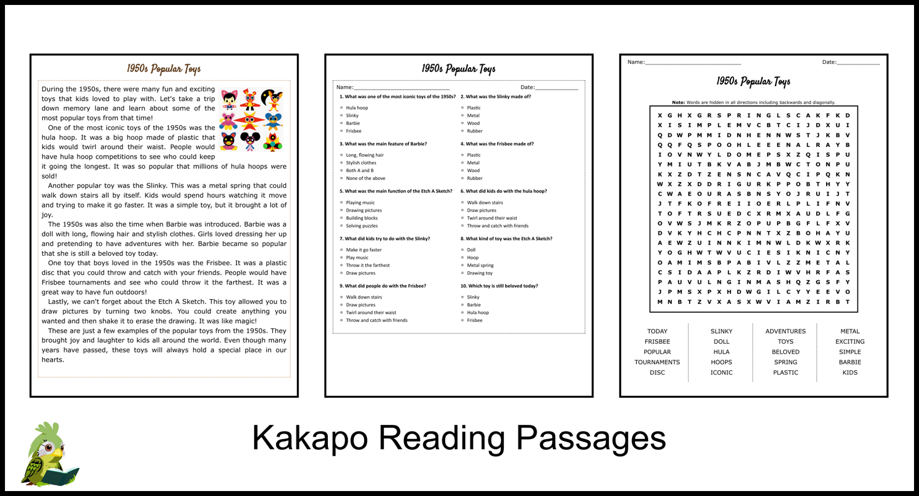 1950s Popular Toys Reading Comprehension and Word Search Teaching