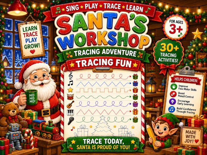 Santa’s Workshop Tracing Worksheets | Christmas Fine Motor & Pre-Writing Activities | Preschool–1st