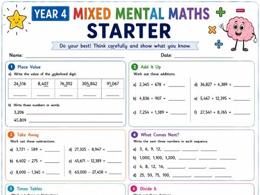 Year 4 Mixed Mental Maths Starter | KS2 Maths Starter Activity | Daily Maths Practice Worksheet