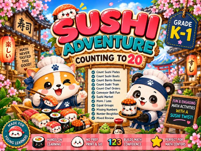Sushi Counting to 20 Math Activities | Kindergarten & 1st Grade Number Worksheets