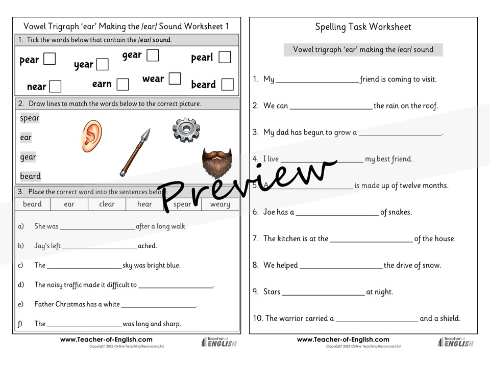Vowel Trigraph ‘ear’ Making the ear Sound - Year 1 Spelling | Teaching ...