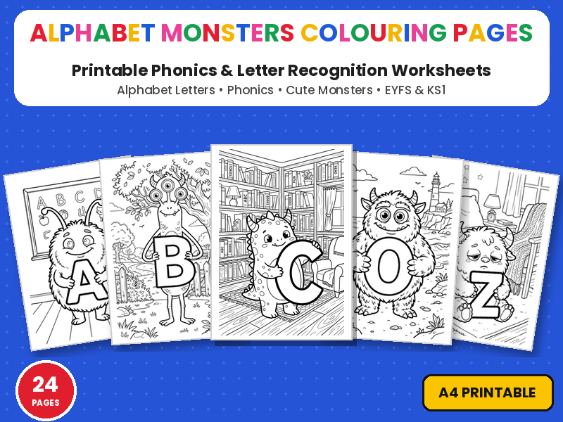 Alphabet Monsters Colouring Pages | Phonics Letter Recognition | Printable Colouring Page Worksheets