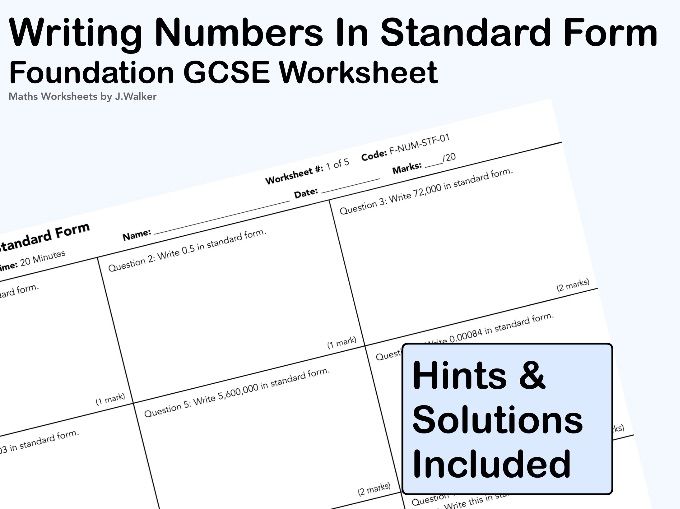 GCSE Maths Worksheet: Writing Numbers In Standard Form - Foundation Tier