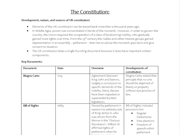 Notes on UK Constitution and Parliament