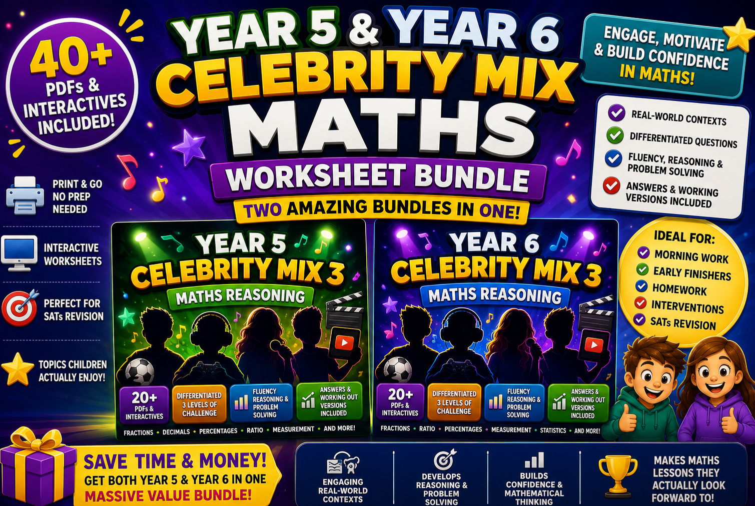 Year 5 and 6 Celebrity Maths Reasoning 3 - 40+ Differentiated PDF + Interactive: YouTubers, Singers, Athletes