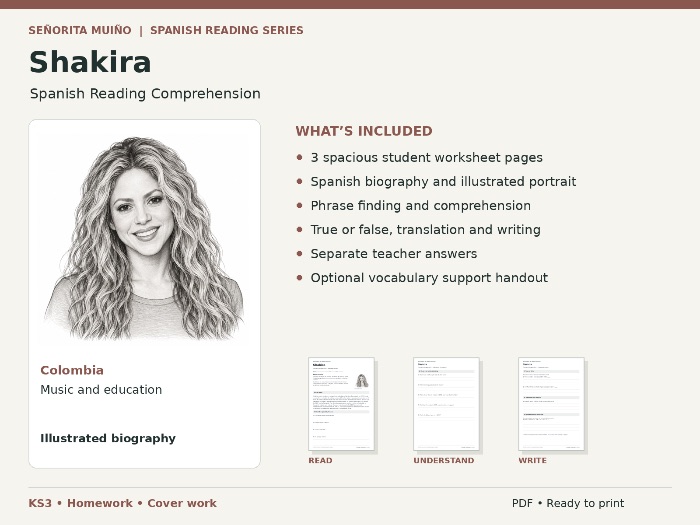 Shakira | KS3 Spanish Reading Comprehension - Homework & Cover