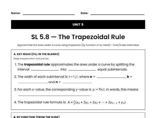 IB Math AI Worksheet SL 5.8 - The Trapezoidal Rule