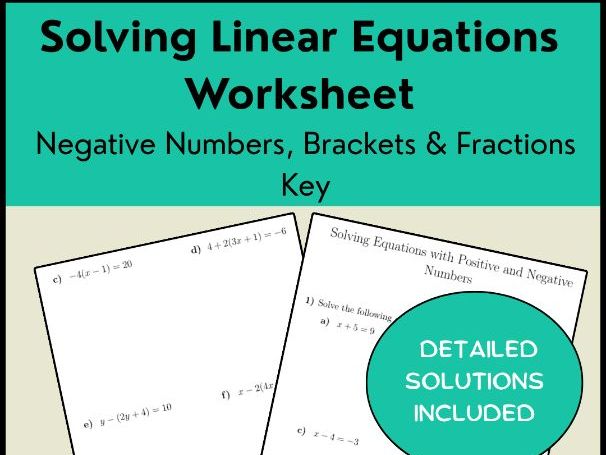 Solving Linear Equations Worksheet | Negative Numbers, Brackets & Fractions Key