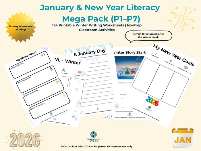 January & New Year Literacy Mega Pack (P1–P7) | Winter Writing Worksheets