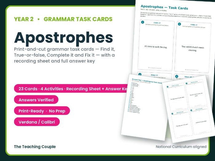 Year 2 Apostrophes Task Cards – 23 Grammar Cards + Answer Key