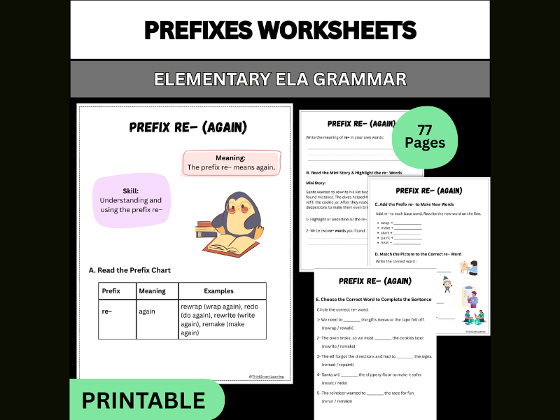 Christmas Prefixes Worksheets for Elementary
