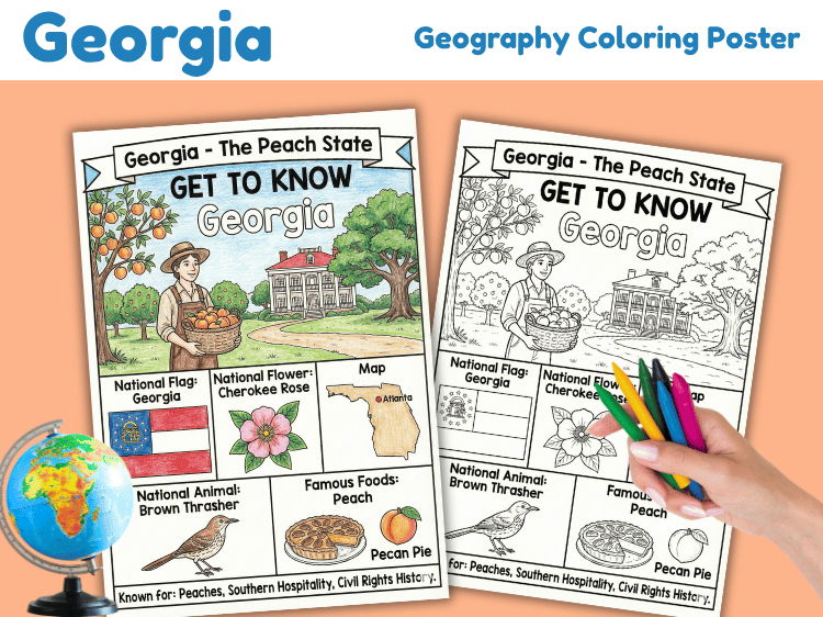 Georgia Geography Coloring Poster | State Facts & Symbols