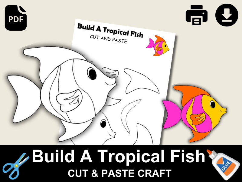 Tropical Fish Craft Template | Sea Animals Activity | Cut & Glue Worksheet | Coloring Page | PDF Pri
