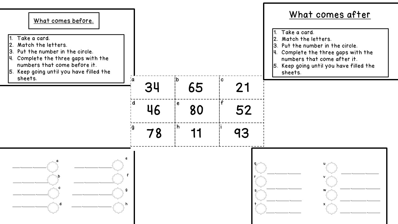 What comes first and what comes after. Place value activities and worksheets.