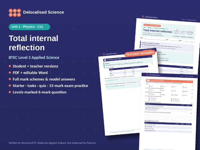 BTEC Applied Science Unit 1 Physics: Total internal reflection (C11) - worksheet + answers