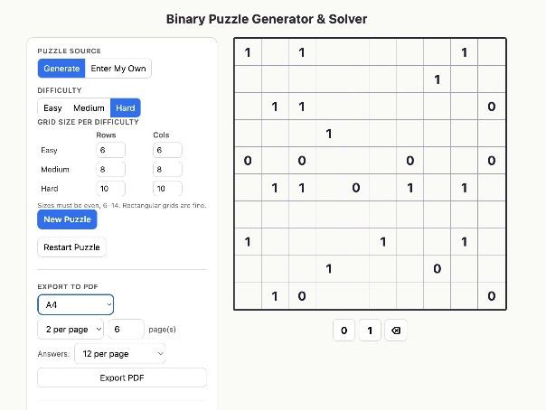 Binary Puzzle Maker (Binairo, Takuzu)