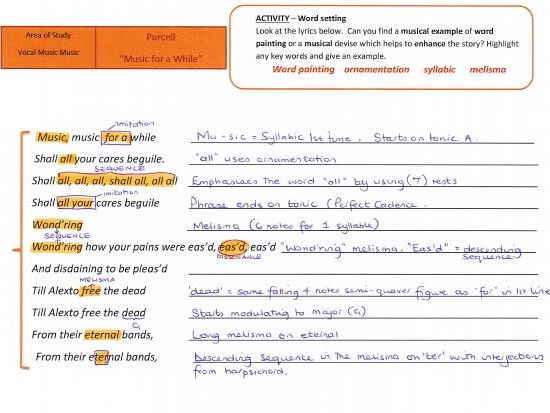 GCSE Music 9-1 Edexcel Purcell "Music for a While" Word painting analysis sheet