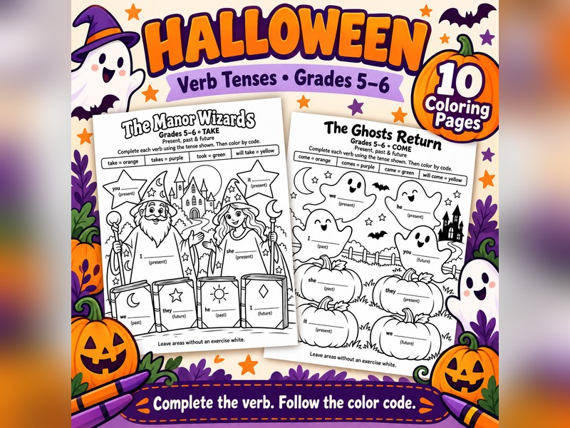 Halloween Verb Tenses Colour by Code Gr 5-6