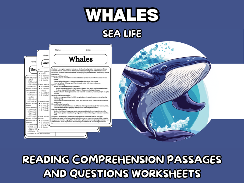 Whales - Sea Life Reading Comprehension Passages & Questions Worksheets ...