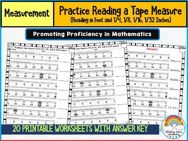 Reading a Tape Measure (Feet and 1/4, 1/8, 1/16, 1/32 Inches) Worksheets Advanced Measurement Practi