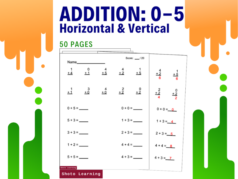 ADDITION 0 5 Worksheets Horizontal Vertical Practice Problems Numbers 
