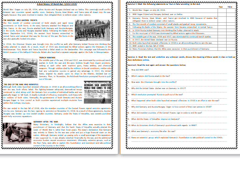 a brief history of world war i reading comprehension worksheet text teaching resources