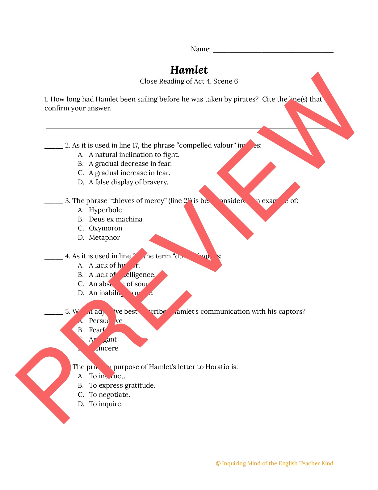 Hamlet Close Reading Worksheet - Act 4.6 | Teaching Resources