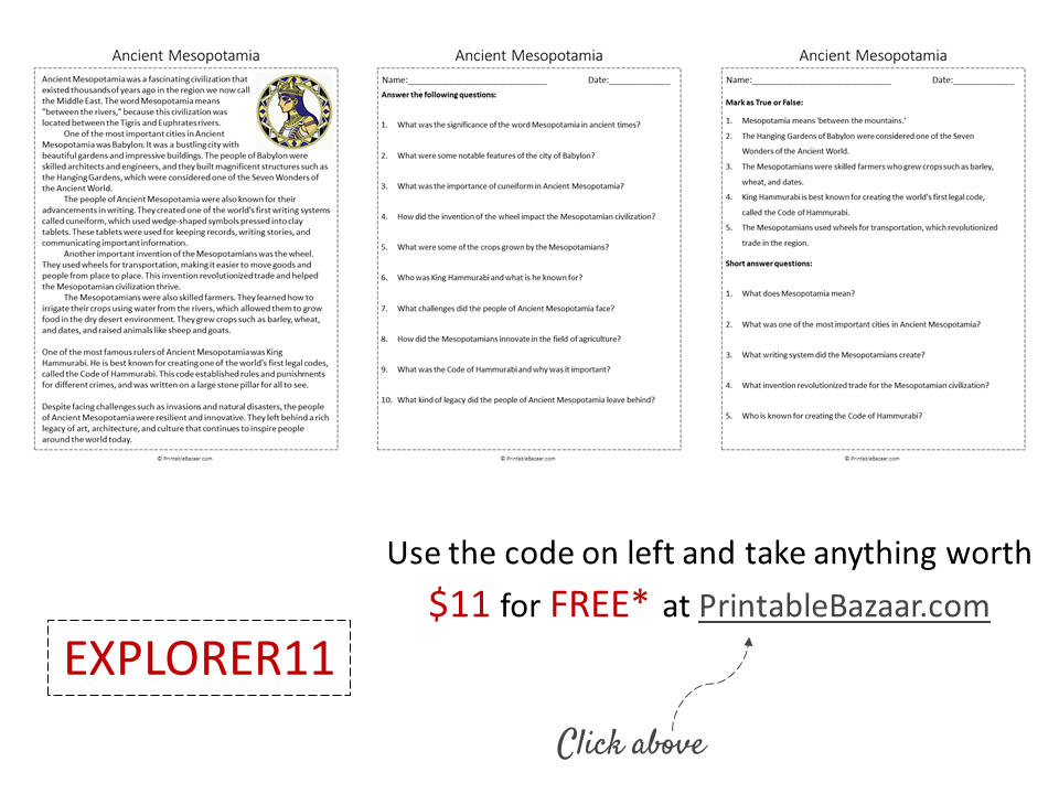 Ancient Mesopotamia Reading Comprehension Passage Printable Worksheet ...