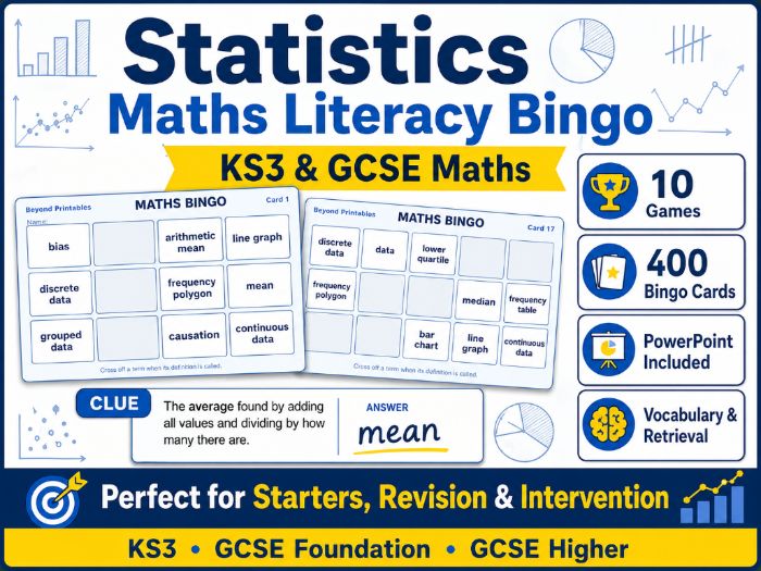 Statistics Maths Literacy Bingo | KS3 & GCSE Vocabulary Retrieval | 10 Games