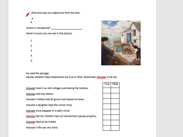 The Mousehole Cat reading comprehension 5week unit