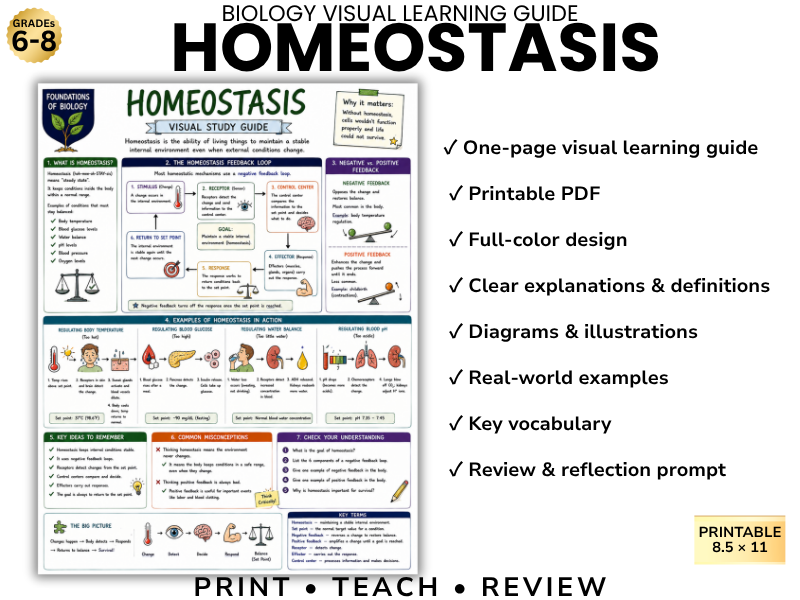 HOMEOSTASIS Biology Visual Learning Guide | Grade 8 & Middle School Science