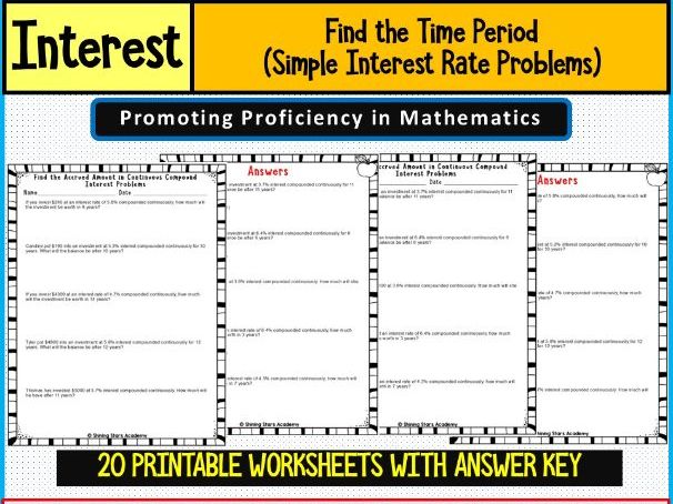 Find the Time Period of Investment in simple Interest Problems Worksheets Math