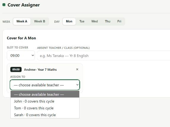 Two-Week (A/B) Cover Management Tool — No Login, Works Offline