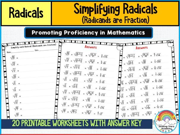 Simplifying Radicals (Radicands are Fractions) Worksheets | Algebra Practice Resource