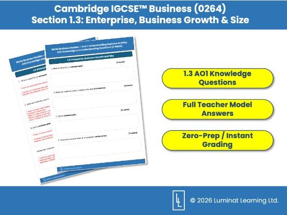 Cambridge IGCSE Business (0264): 1.3 Enterprise, Business Growth & Size AO1 Knowledge Worksheet
