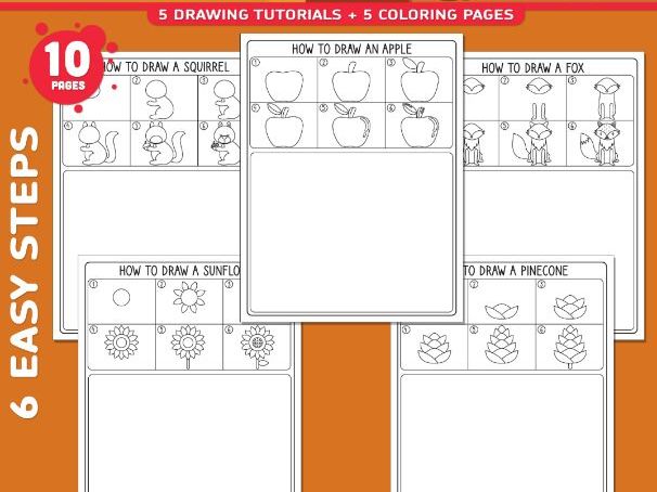 Autumn Directed Drawing for Kids, Learn to Draw Apple, Sunflower, Squirrel, Fox & Pinecone