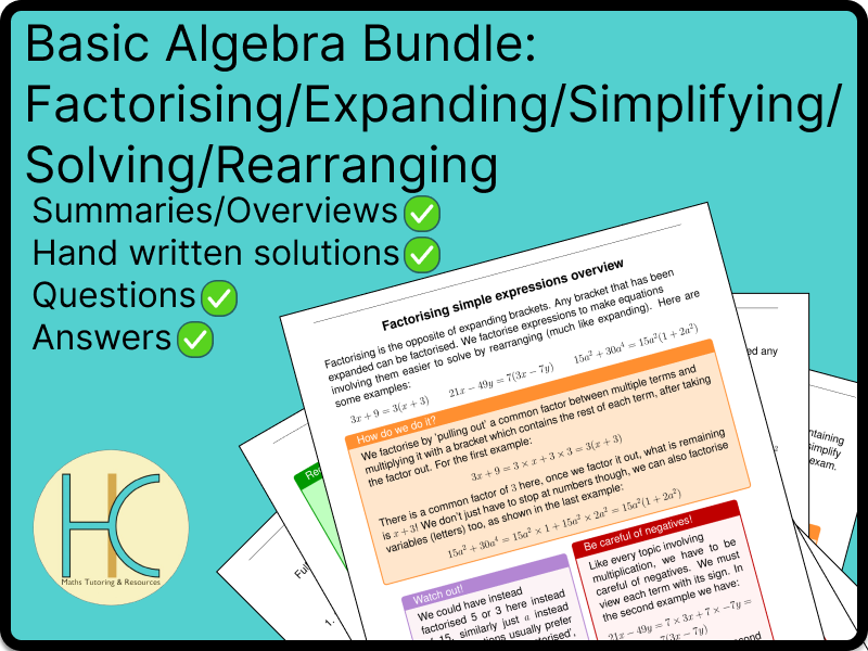 Basic algebra bundle for GCSE. Simplifying, Expanding, Factorising, Solving, Changing the Subject