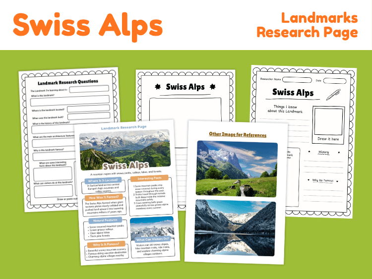 Swiss Alps Landmark Research Project | Geography & Mountain Worksheets