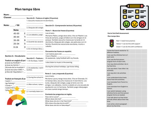 Free time - Hobbies & Timeframes (French) – Assessment, Mark Scheme & Self Assessment