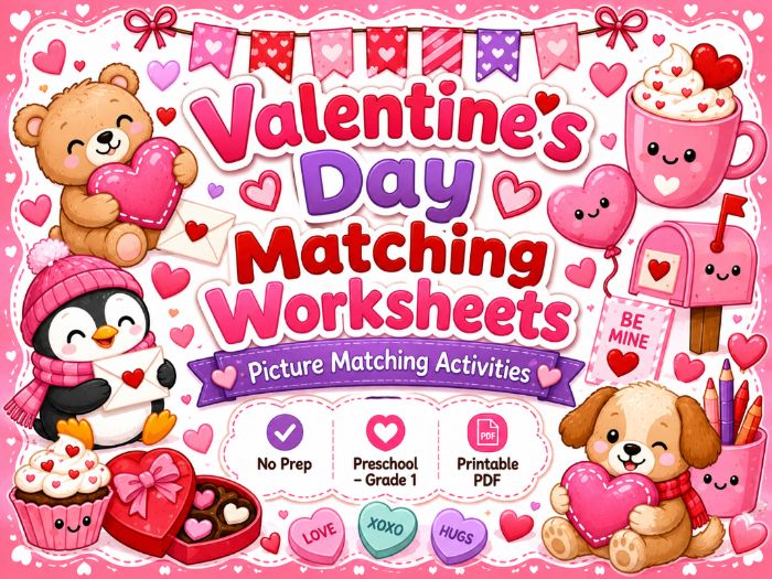 Valentine’s Day Matching Worksheets | Picture, Number, Letter, Shape & Color Activities| Preschool–1