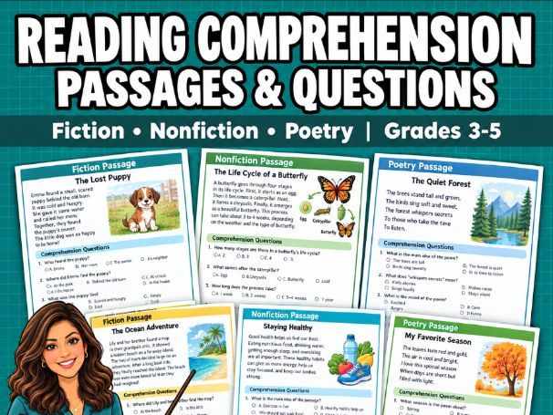 Reading Comprehension Passages & Questions | Fiction Nonfiction Poetry | Grades 3-5
