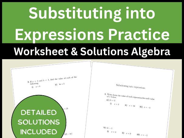Substituting into Expressions Practice Worksheet & Solutions Algebra