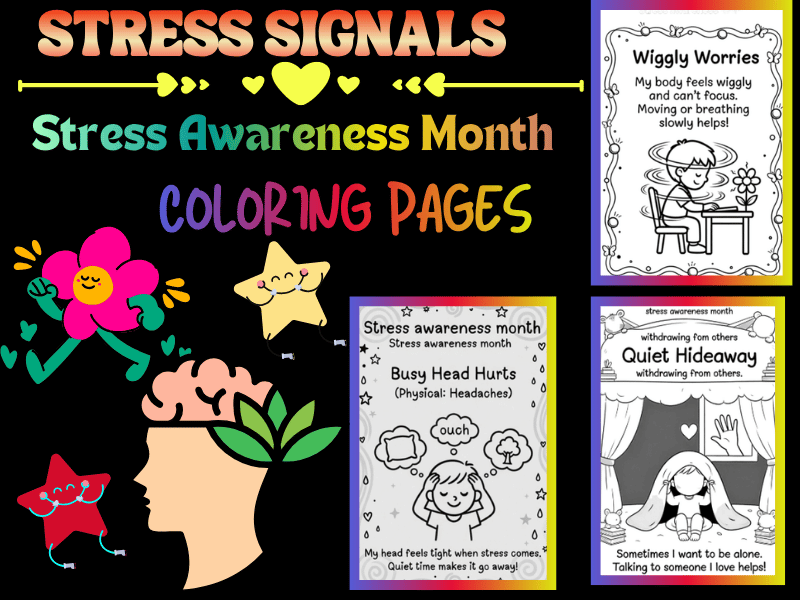 Stress Signals Coloring Pages – Stress Awareness Month April Activities for Kids