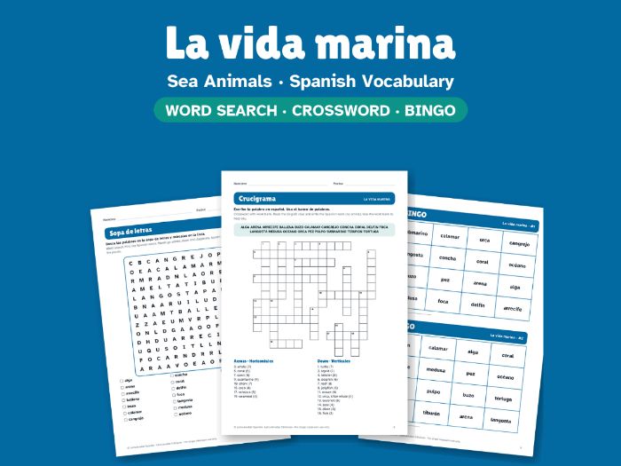 Sea Animals in Spanish: Word Search, Crossword & Bingo