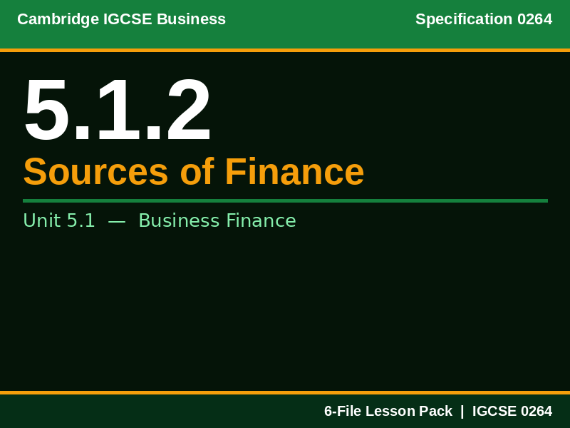 Cambridge IGCSE Business 0264 | 5.1.2 Sources of Finance | Lesson Pack