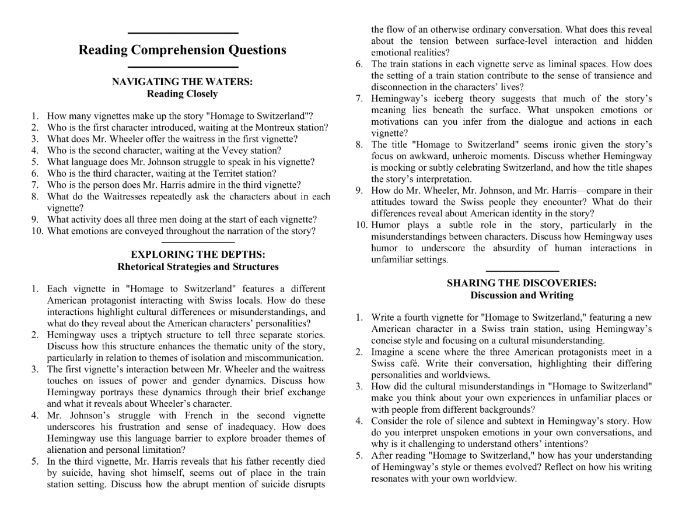 Homage to Switzerland by Ernest Hemingway with Reading Comprehension Questions